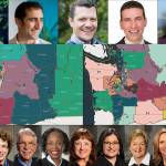 Top: Washington State Redistricting Commissioners (from left) April Sims, Brady Piñero Walkinshaw, Joe Fain, Paul Graves and Sarah Augustine. Center: Congressional map (left) and Legislative map. Bottom: Washington State Supreme Court Justices (from left) González, Gordon McCloud, Johnson, Whitener, Madsen, Montoya-Lewis, Owens, Stephens and Yu.