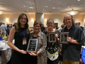 Photo by Terry Ward/Sound Publishing
From left, Assistant Editor Olivia Sullivan, Federal Way Mirror Sales Manager Cindy Ducich, Auburn Reporter Publisher Carol Greiling and the Kent Reporters Steve Hunter hold their General Excellence awards at the WNPA conference on Oct. 8.