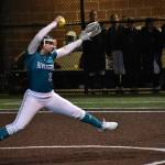 Raven pitcher Lexi Vircks pitches in the Riverside season opener. Ben Ray / The Reporter