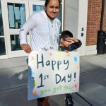 Shannon Moreno and her 6-year-old son, Jamie, prepare for the first day of school at the rebuilt Terminal Park Elementary School. Photo by Robert Whale, Auburn Reporter.