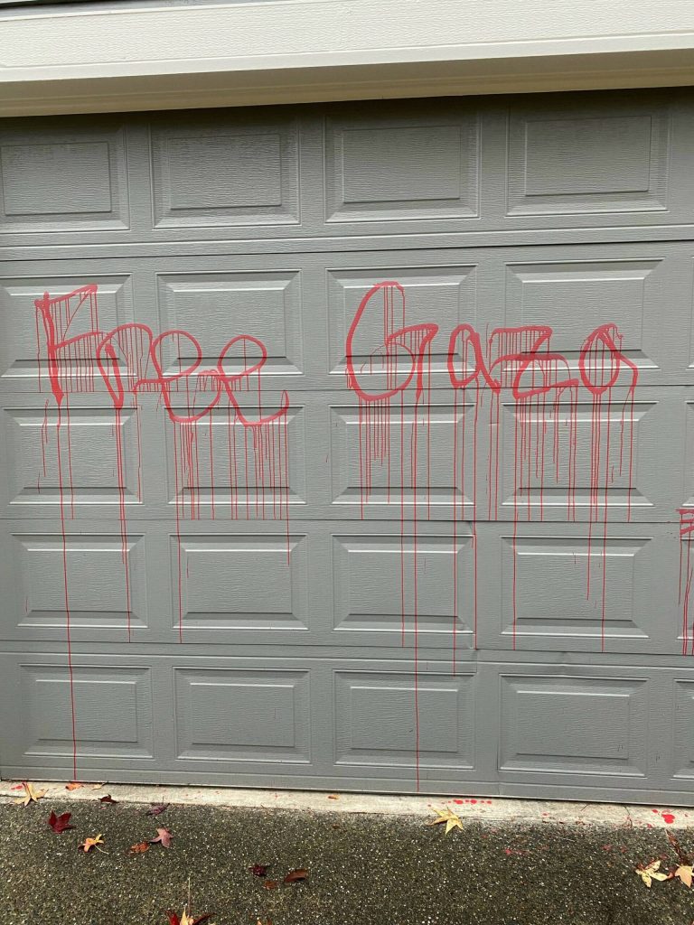 On the night of Thursday, Nov. 30 in Bellevue, people who Congressman Adam Smith said were advocating for a cease-fire in Israel and Gaza, vandalized his garage with spray paint. (Photo Courtesy of the Office of Congressman Adam Smith)