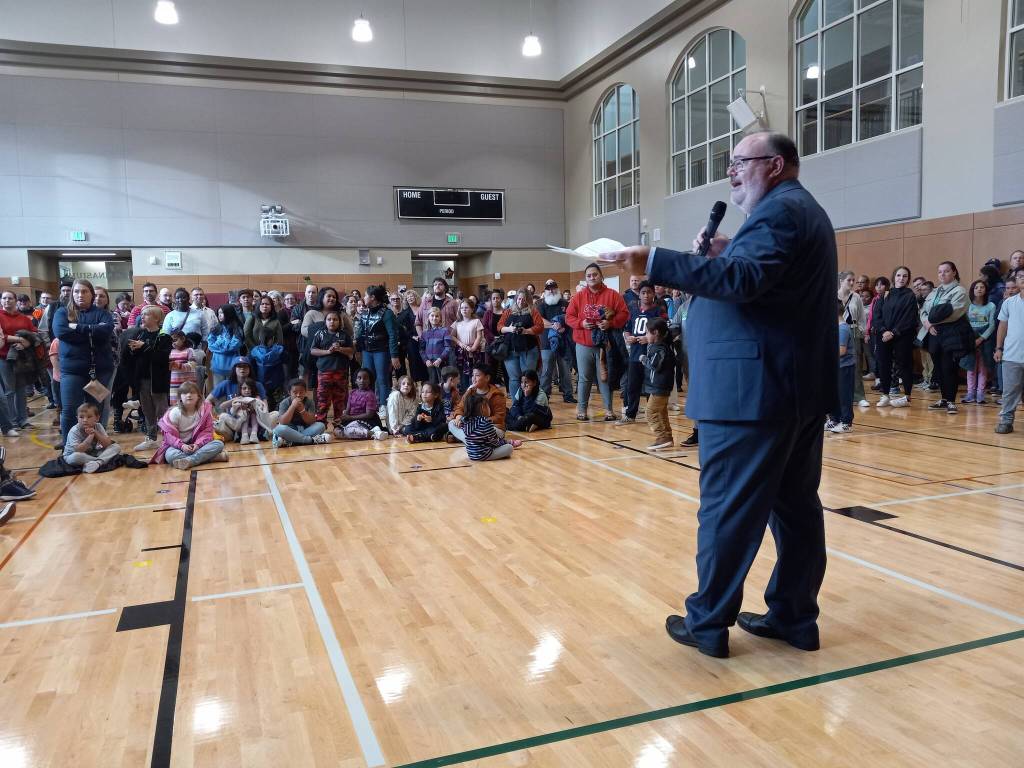 Auburn School District Superintendent Dr. Alan Spicciati addresses attendees of the grand opening of Terminal Park Elementary School on Sept. 26. (Photo by Robert Whale, Auburn Reporter)