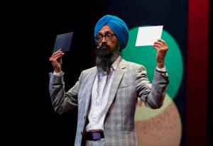 A scene from Vishavjit Singhs talk Storytelling: Our Most Potent Superpower at TEDxJacksonville in 2021. Courtesy image