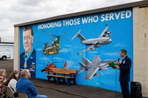 On June 17, a mural was dedicated at Auburn Municipal Airport to Auburn-area veterans including Lt. Col. Joe Jackson. The mural was painted by artist Myron Curry. The airport is located north of downtown Auburn at 2143 E. St. NE, Suite 1. Photo courtesy of City of Auburn