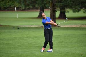 Mountainview freshman Janiece Taamu hits an approach shot on the fairway. Ben Ray / The Reporter
