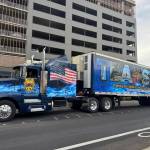 A Teamsters Local 174 truck parked in the median of Lake Drive, Jan. 23, 2025. The trucks driver set off its air horn periodically throughout the Teamsters rally. (Grace Gorenflo/Valley Record)