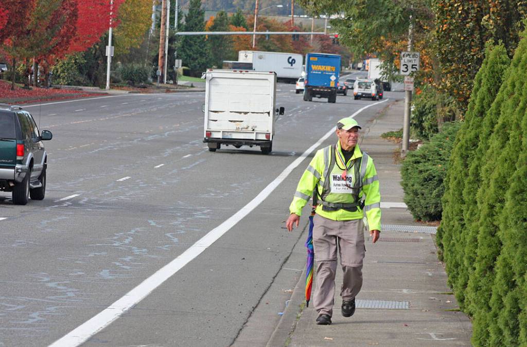 Don Stevenson follows South 196th Street en route to the Interurban Trail in Kent. Stevenson walked 1,000 miles to bring awareness to and support for the Pulmonary Hypertension Association. File photo.
