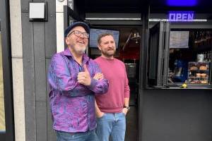 Josh Brugger and his friend and business partner Tim Larson in front of the coffee shop they opened on Jan. 5. Courtesy photo