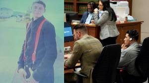 Left to right, a photo of Juan Carlos Con-Guzman from opening statements, and defense counsel and Rudy Garcia-Hernandez on Feb. 25, 2025. Photo by Joshua Solorzano/Sound Publishing