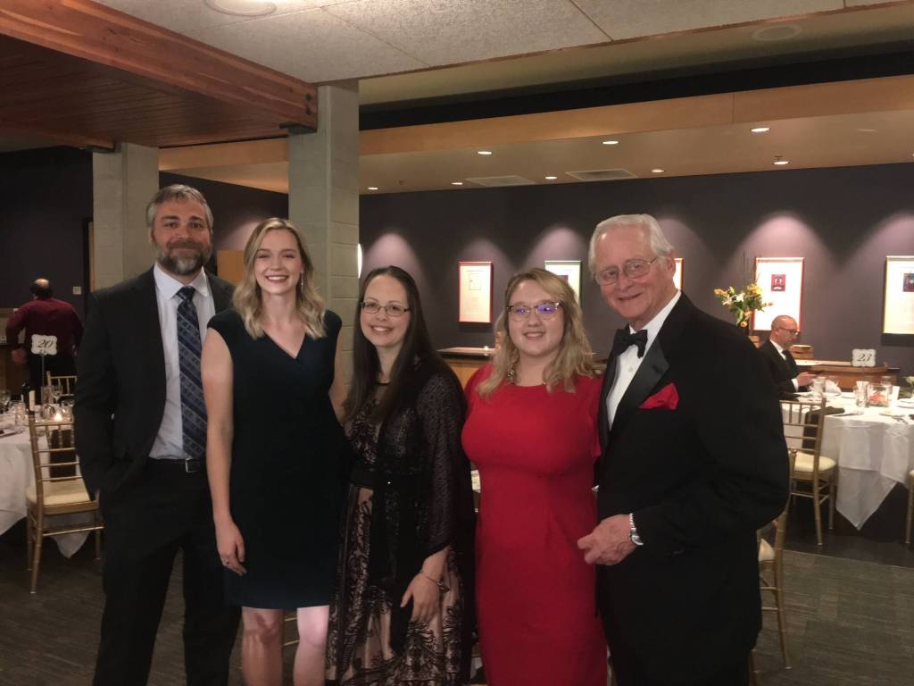 Bob Roegner, right, pictured with Federal Way Mirror staff members at the 2019 Highline College fundraising gala. Pictured left to right: Andy Hobbs, Olivia Sullivan, Carrie Rodriguez, Haley Donwerth and Roegner. Courtesy photo