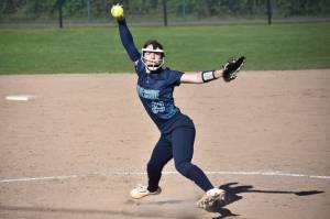 Makenna Vircks pitches against Kentridge at Kent Service Ballfields. Ben Ray / The Reporter