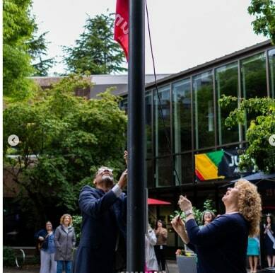 Auburn celebrates its second observance of Juneteenth from 10 a.m. to 3 p.m. June 22 at Les Gove Park, 910 9th St. SE. In the photo, Lonnie Washington Sr. and Auburn Mayor Nancy Backus raise the flag to kick off last years Juneteenth celebration. Courtesy photo/City of Auburn