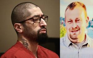 Left to right: Francisco Ochoa-Prado at his sentencing and a photo of Daniel Parkinson displayed in the courtroom. Photo by Joshua Solorzano/Sound Publishing