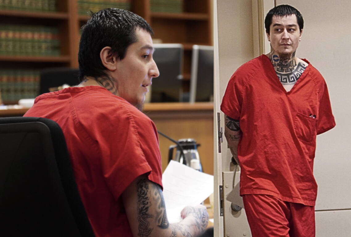 Left to right: Eddie Contreras speaking to his attorney and Contreras entering the courtroom. Photo by Joshua Solorzano/Sound Publishing