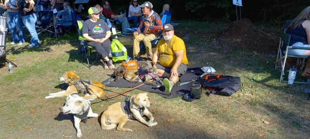 Stoph Johnson of Kent taking it easy with their five canines, Bocce, Treasure, Cubby, Nocci and Odessa, all five rescue dogs from South Korea. Everyone was digging a cool respite from the fierce heat. Photo by Robert Whale/Auburn Reporter