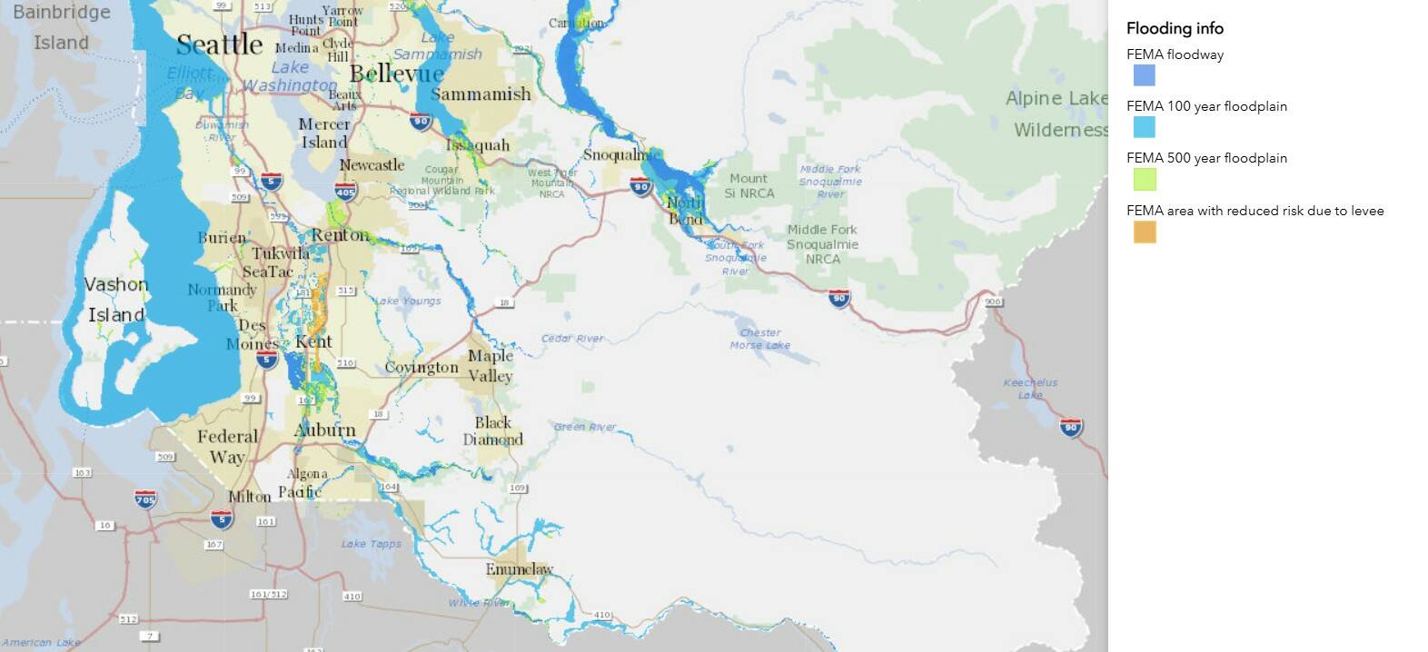 The King County flood map shows the different areas of South King County, indicated by blues and oranges, that are prone to flooding. Image courtesy of King County Flood Control.