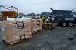 The U.S. Army Corps of Engineers Seattle Districts Emergency Management deploy to Pacific, Washington, to deliver flood-fighting materials such as HESCO barriers, a sandbag machine and sandbags on Wednesday, Dec. 10. Courtesy photo