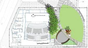 The Auburn Avenue Theater project will include the citys first ever downtown park, providing an ideal gathering space and an overarching metal umbrella designed by Washington artist John Fleming, as seen in the green area of this illustration. Image courtesy City of Auburn.