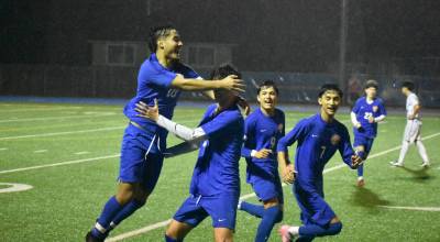 Benji Toscano leaps in the air to celebrate his first goal. Ben Ray / The Reporter