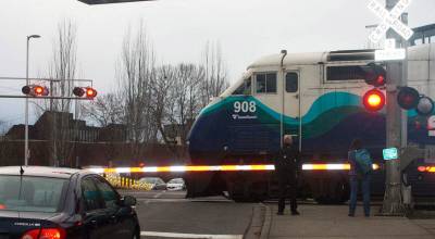 A Sounder train in downtown Kent. FILE PHOTO, Kent Reporter