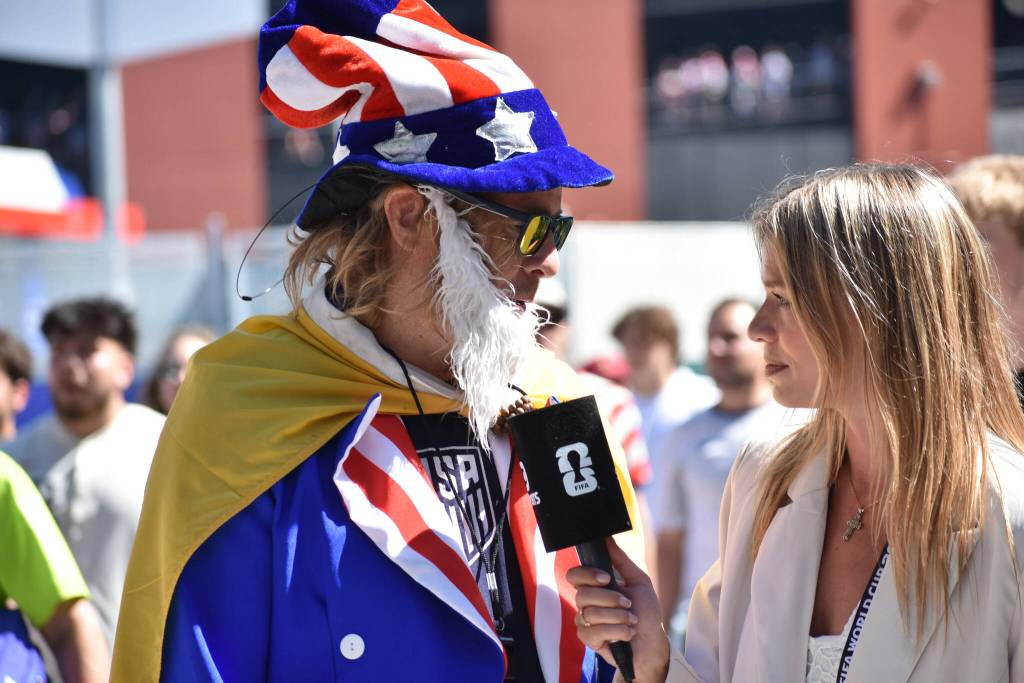 USMNT fan dressed as Uncle Sam gets interviewed by FIFA TV. Ben Ray / The Reporter