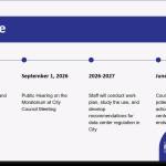 The one-year timeline for the data center moratorium shows that city staff will conduct a work plan, study the use and develop recommendations for data center regulation in the city as there is nothing in the current code relating to data centers. Courtesy image.