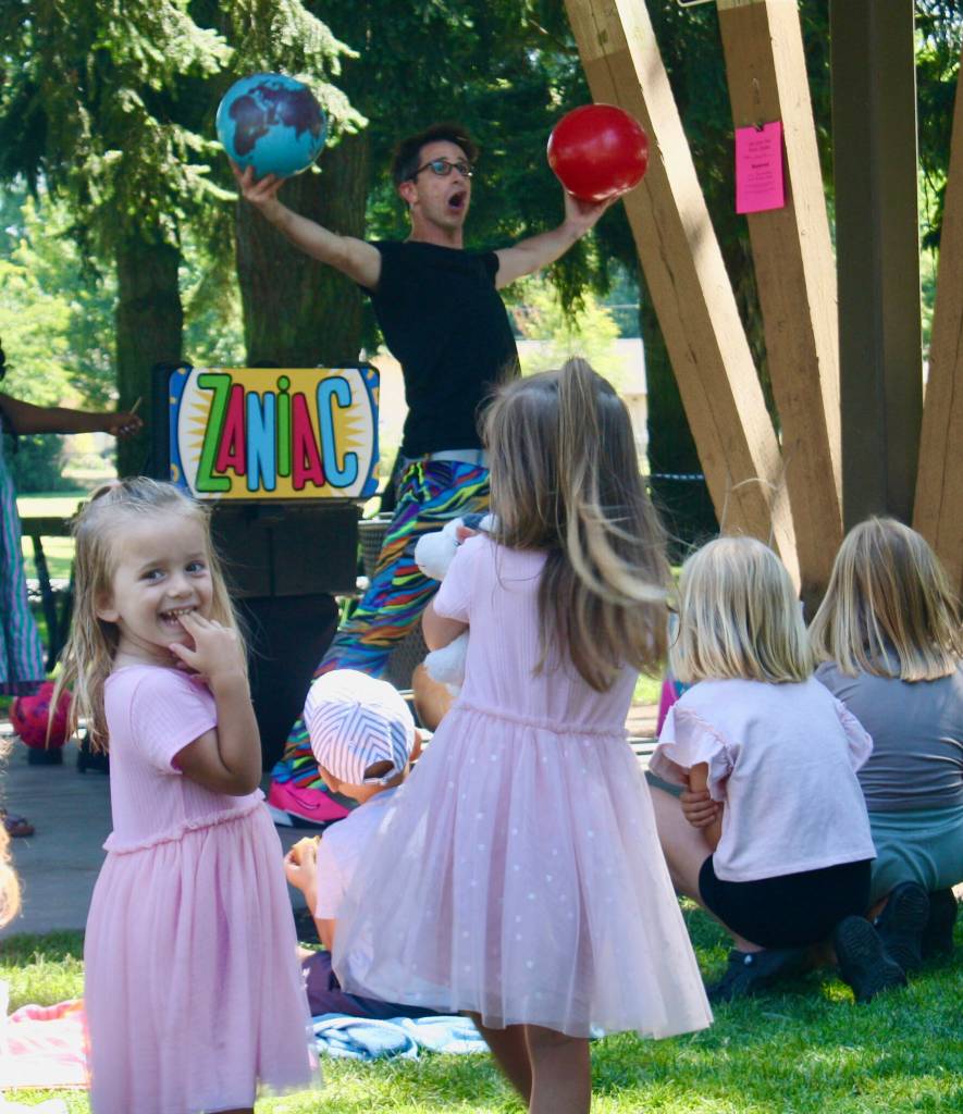 Alex Zerbe, the Professional Zaniac, performs July 15 at Les Gove Park during the city of Auburns Kids Summerstage series. Photo by Madeleine Goldberger