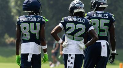 Seahawks wide receivers stand together during training camp. Photo provided by Maria Dorsten
